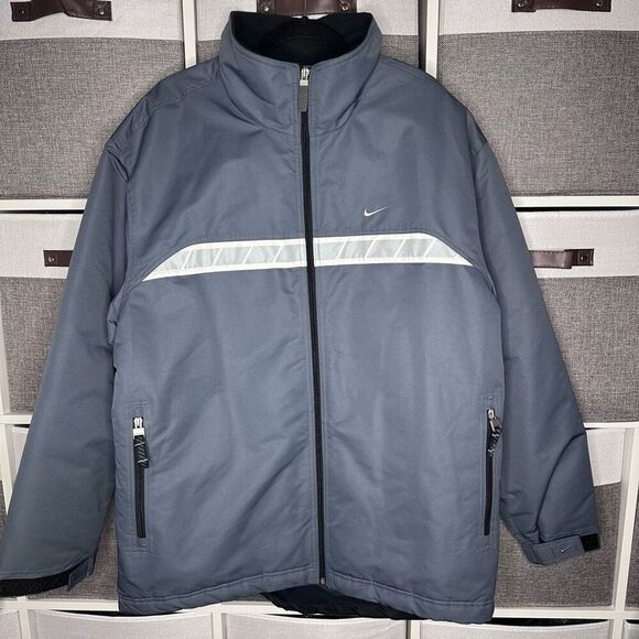 Nike Vintage Jacket Gray Swoosh Logo Thick Winter Windbreaker Pockets Size Large - Picture 1 of 11